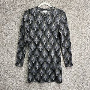 Reiss Dress Women's Medium Annie Black & Gold Jacquard Tunic Long Sleeve Mini